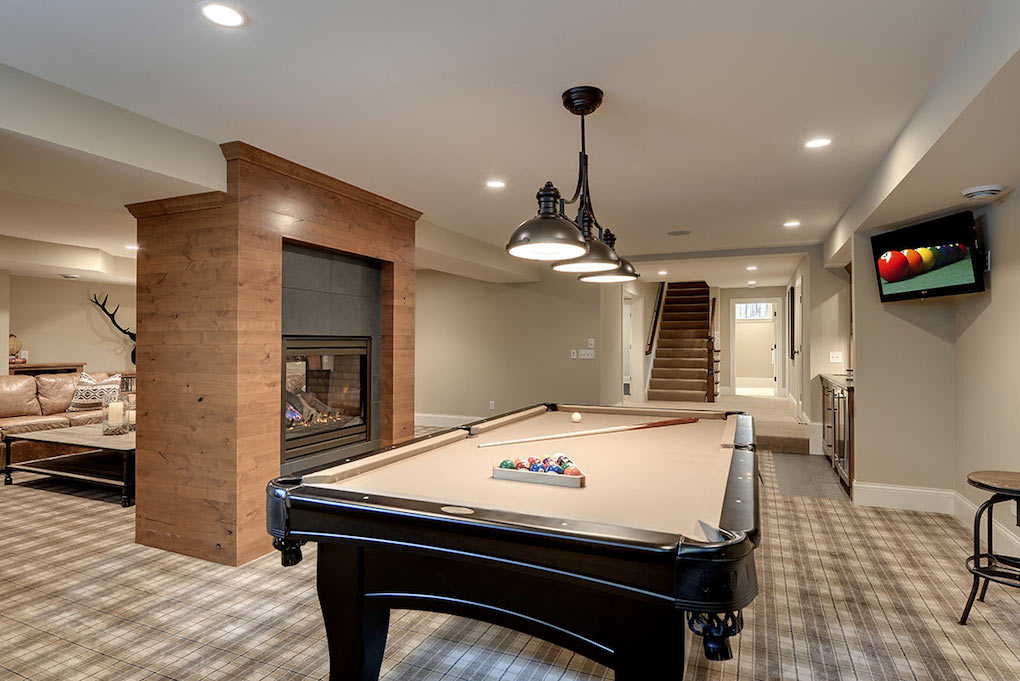 basement gameroom with pooltable