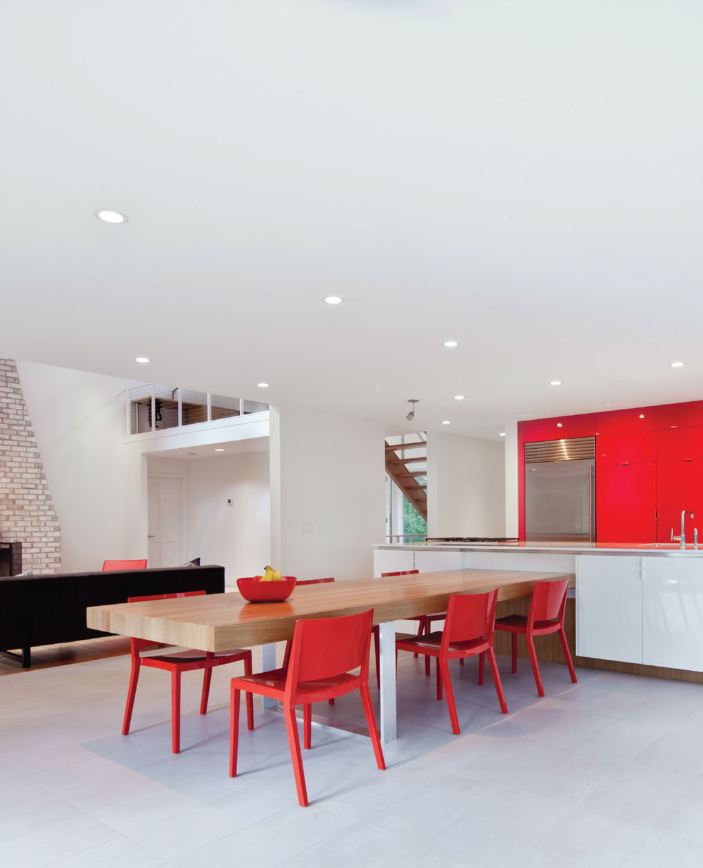 Kitchen table with red chairs