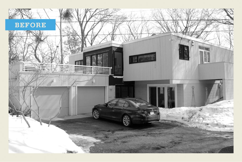 A black and white "before" photo of a modern two-story home with a car in the driveway.