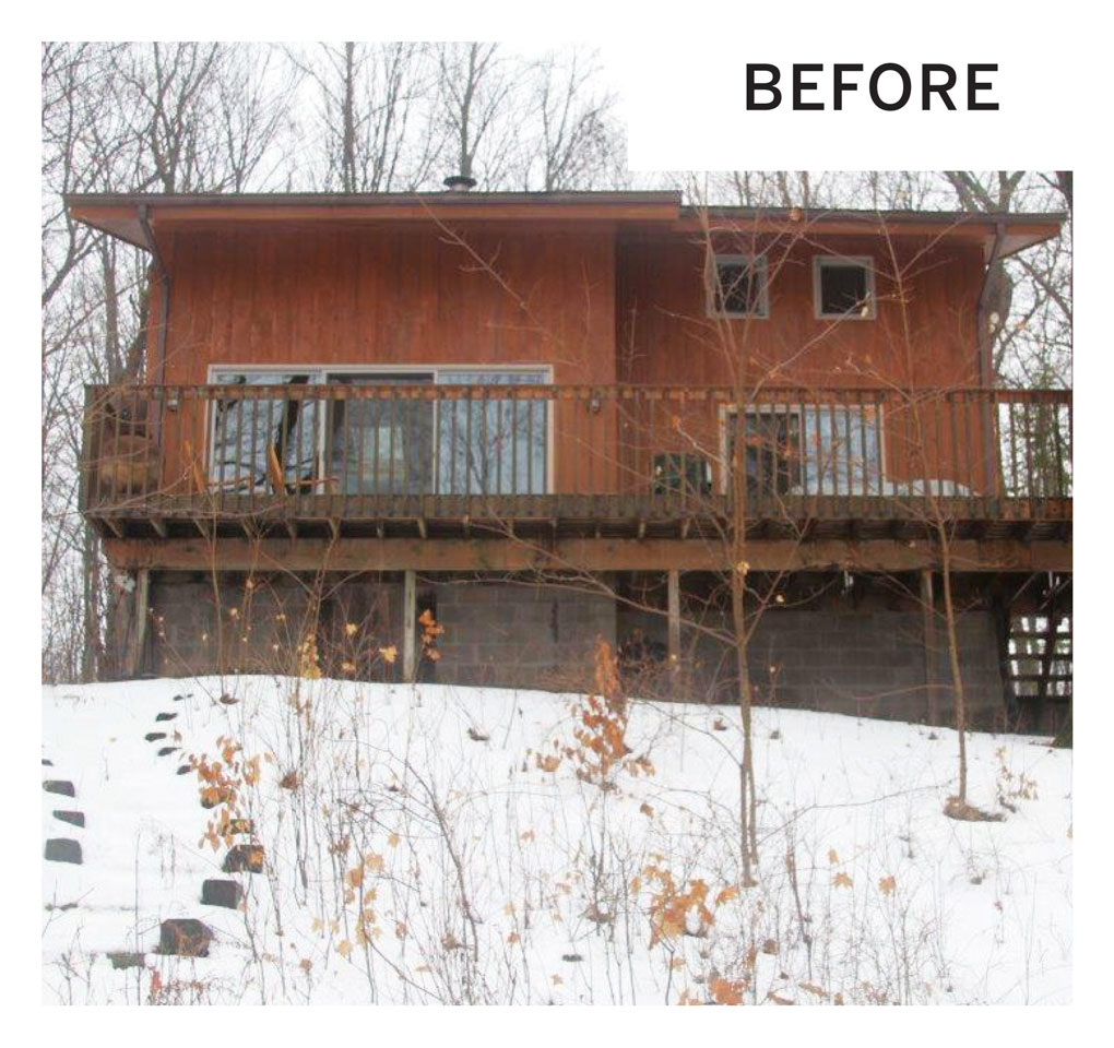 A "before" photo of a remodeled cabin's exterior in Luck, Wisconsin.