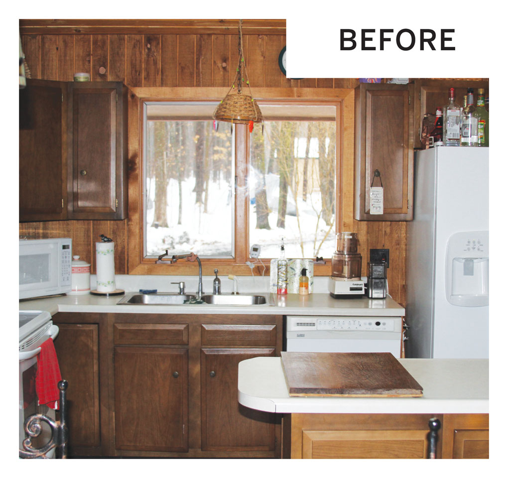 A "before" photo of an outdated kitchen in a cabin in Luck, Wisconsin.