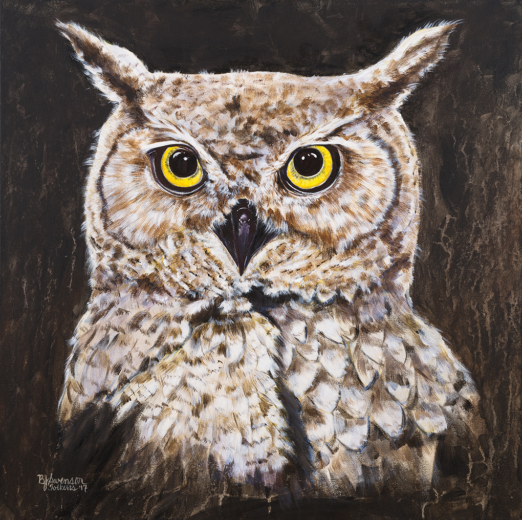 An owl portrait by Bonnie Folkerts.