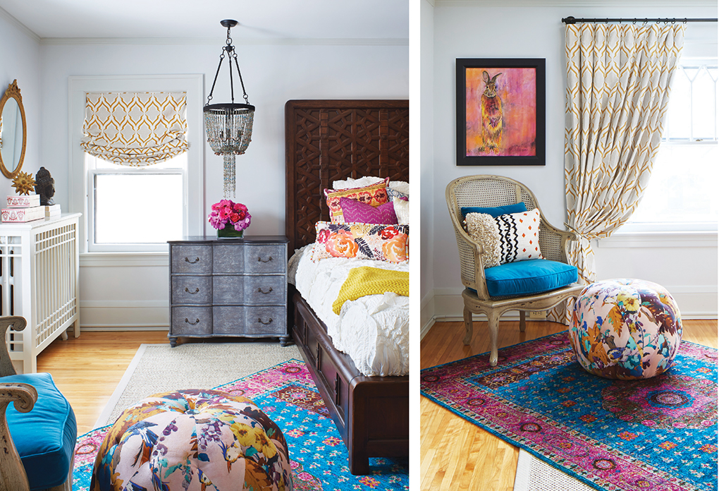 A bedroom accented with turquoise and pink rugs, pillows and footstool.