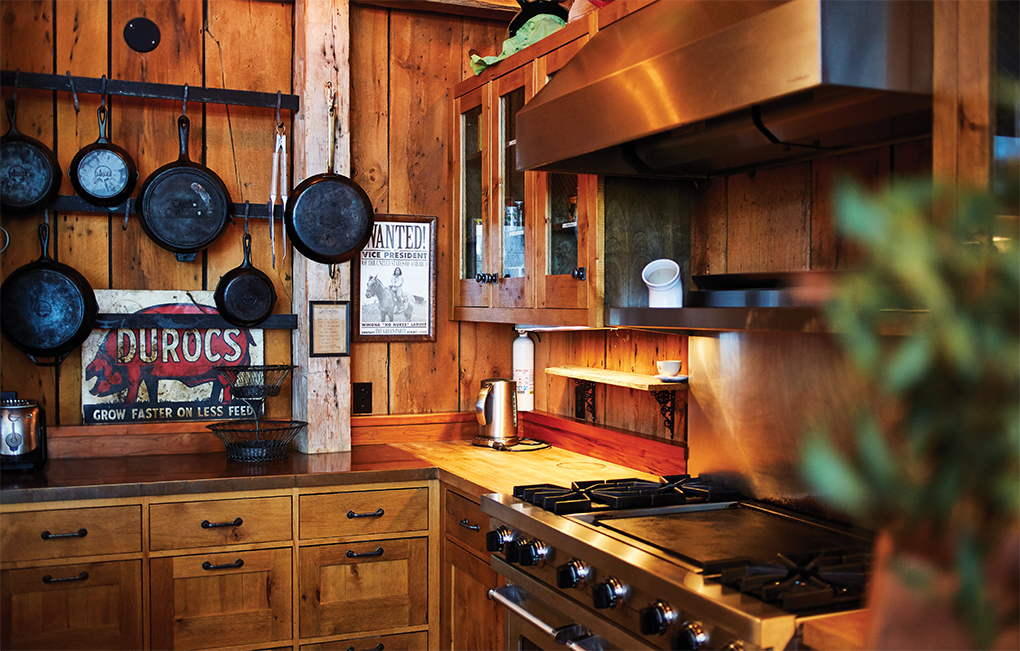 Wooden kitchen with cast iron stove