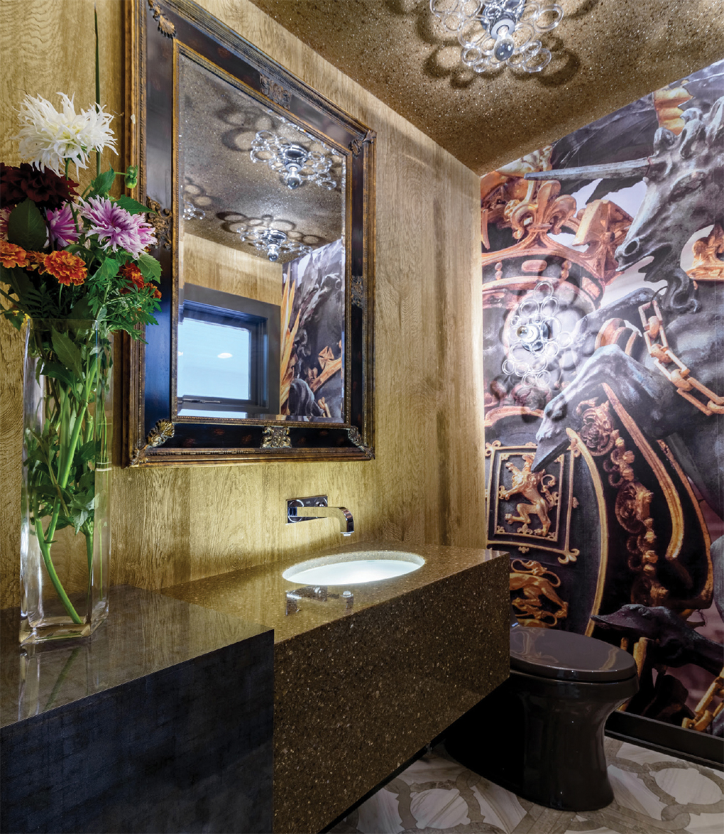 Powder room with wood walls, Chinoiserie art mural and black toilet