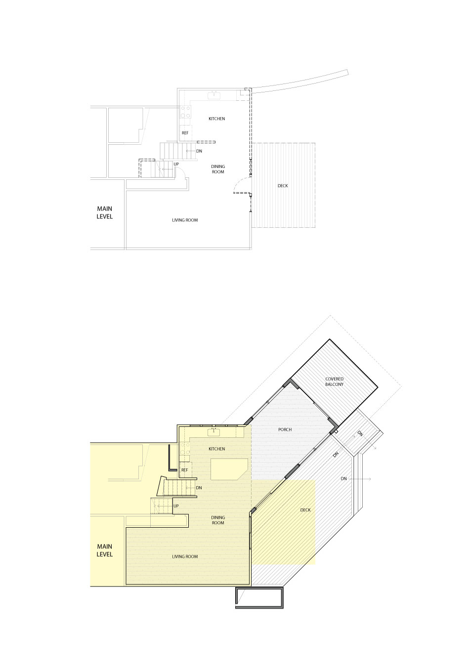 The before and after floor plans of a home remodeled by Close Associates.