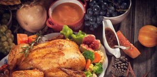 A Thanksgiving table with a full spread.