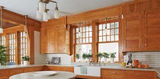 This 1908 home, designed by Franklin Ellerbe, had become a mish-mash of styles until its new owners and David Heide Design Studio melded its past with modern functionality. The red birch cabinetry—the same wood used in Ellerbe’s original—returns this kitchen to its Arts and Crafts roots.
