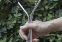 metal straws in front of greenery