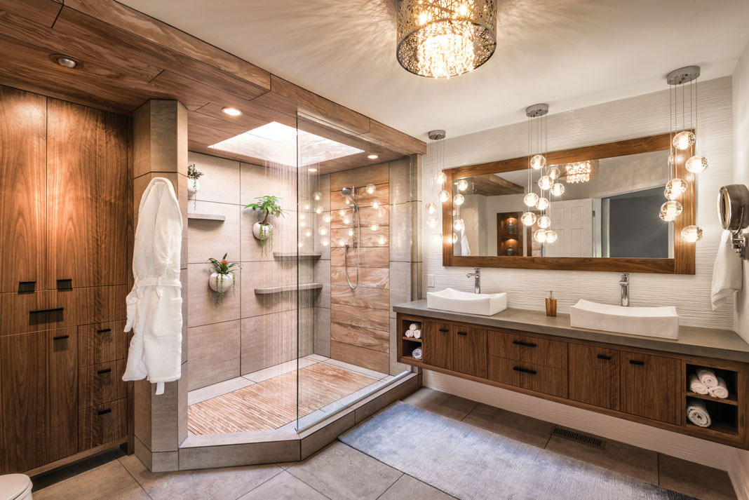 A newly remodeled bathroom featuring a shower with live plants growing inside that bring nature indoors.