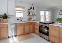Image of a white kitchen with light wood