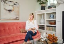 Renae Keller perches on her newly reupholstered sofa, the first “big girl” purchase she ever made and a piece she’s kept for nearly 20 years.